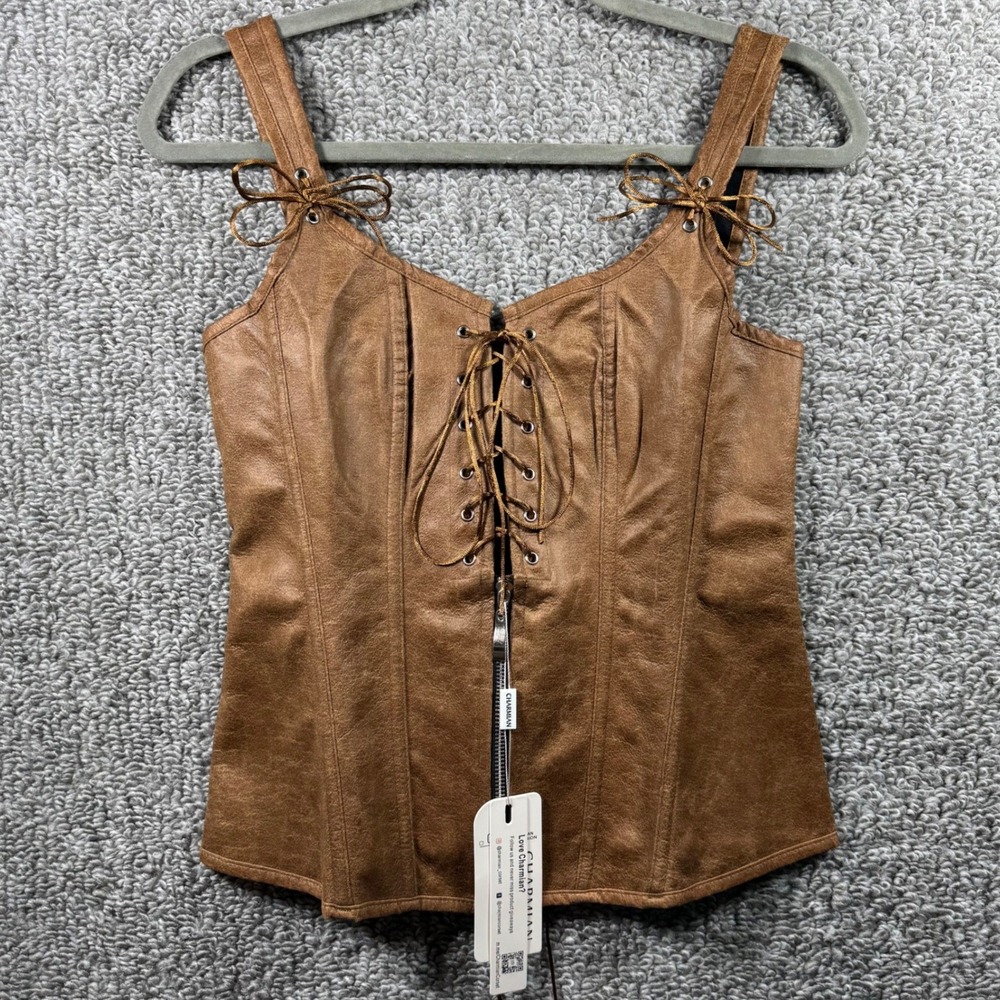 Charmian Corset Top Renaissance Bustier Brown Faux Leather Lace Up Zipper Large